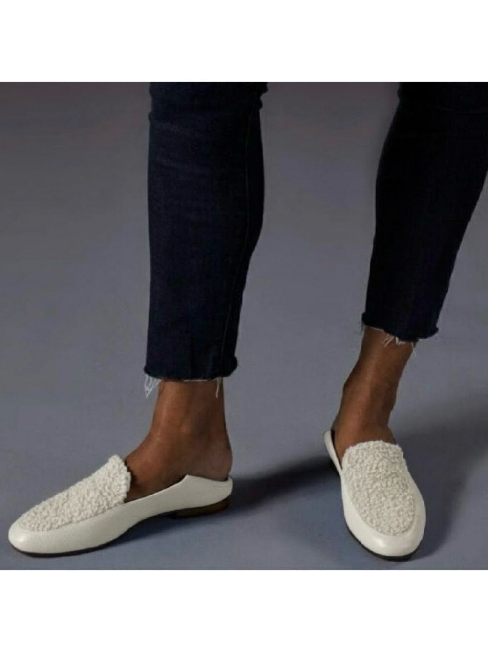 VIONIC Frieda Faux Fur Pebble Leather Step Down Heel Loafers in Cream, Size 8